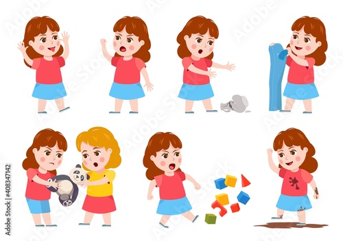 Girl bad behavior. Cartoon bully child cry, angry, fight, mocking and make mess. Sisters fighting over toy. Naughty kid character vector set. Angry behavior girl, kids fight illustration