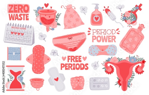 Menstruation hygiene. Female period products - tampon, pads, menstrual cup. Zero waste for woman critical days vector set. Menstruation female period, feminine menstrual care illustration