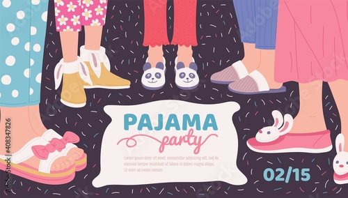 Pajama party poster with women legs in and slippers flat vector illustration.