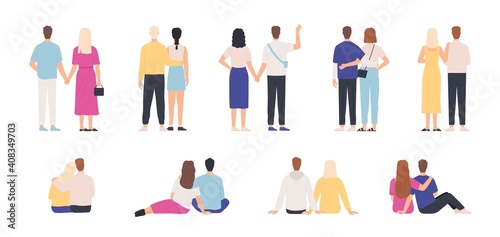 Couple back view. Couples hugging, standing and sitting together, holding hands. Man and woman on date. Young people relationship vector set. Illustration couple young standing back together