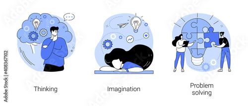 Brain activity abstract concept vector illustration set. Thinking and imagination, problem solving, brainstorming, idea and fantasy, motivation and inspiration, find solution abstract metaphor.