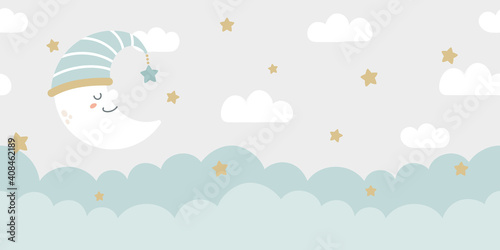 Seamless clouds, stars, and crescent background in pale pastel colors. For nursery room wallpaper, decoration, web banners, headers, etc.