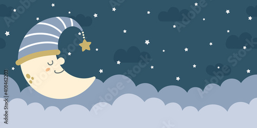 Seamless night sky background. Clouds, stars, and crescent. For nursery room wallpaper, decoration, web banners, headers, etc.