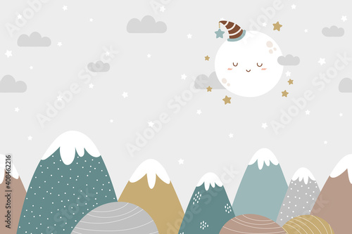 Seamless mountains and moon background in dusty pastel colors. For nursery room wallpaper, decoration, web banners, poster, etc.