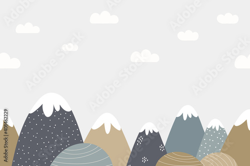 Seamless mountains and cloudy sky background in dusty colors. For nursery room wallpaper, decoration, web banners, poster, etc.