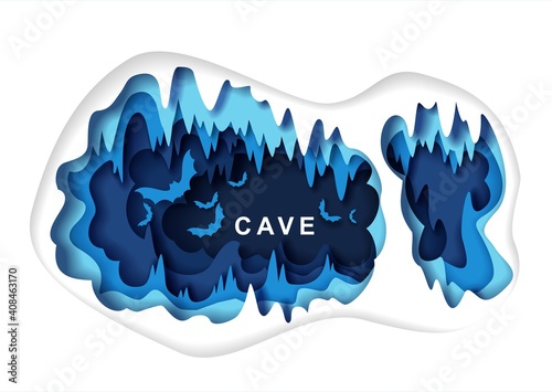 Paper cut craft style dark underground cave interior with bat silhouettes, vector illustration. Speleology or cave science, sport tourism, underground adventure. Geology.