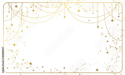 White magic background with gold stars and space decor with copy space. Layout for astrology, banner for the witch. Divine boho design, hand drawn vector illustration, vintage style.