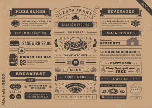 Restaurant menu typographic decoration design elements set vintage and retro style vector illustration.