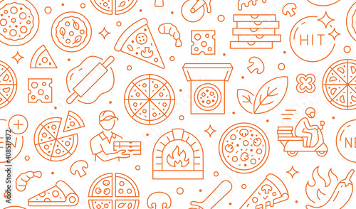 Pizza delivery orange seamless pattern. Vector background included line icons as courier, cheese, hit, motor scooter, knife bake, hot pepper, box outline pictogram for Italian food