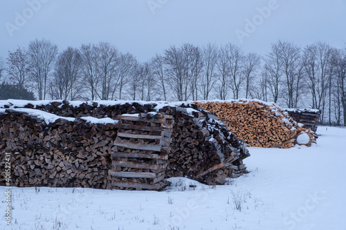 Verschiedene Haufen mit gestapeltem Brennholz / Meterholz im Winter bei Schnee