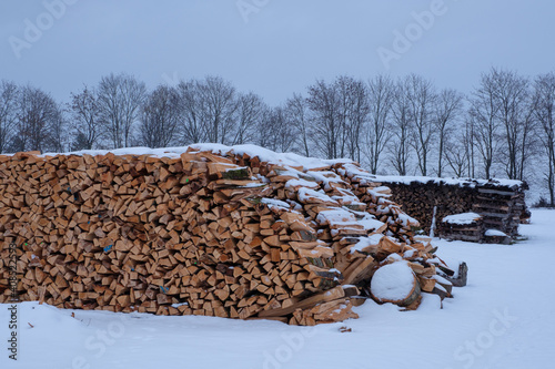 Holzwirtschaft im Winter: Schnee auf gestapeltem Holz / Brennholz bei einem Holz-Lager