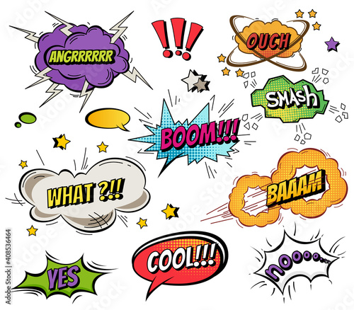 Comic speech bubbles and splashes set with different emotions and text bright dynamic cartoon illustrations isolated on white background
