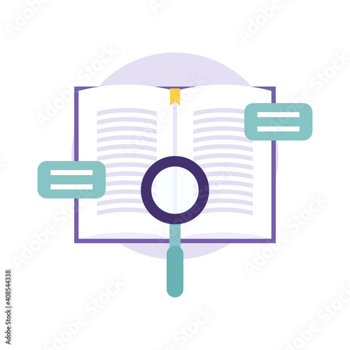 a journal information search icon concept. illustration of a book, magnifying glass, message symbol. education, literature, and sources of knowledge. flat style. vector design elements.