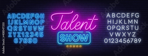 Talent show neon sign on brick wall background. Blue and white neon alphabets. Template for the design.