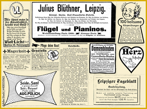 Commercial advertising page in German with many promotion banners and vignettes dated 1908 from Deutsche Moden Zeitung magazine