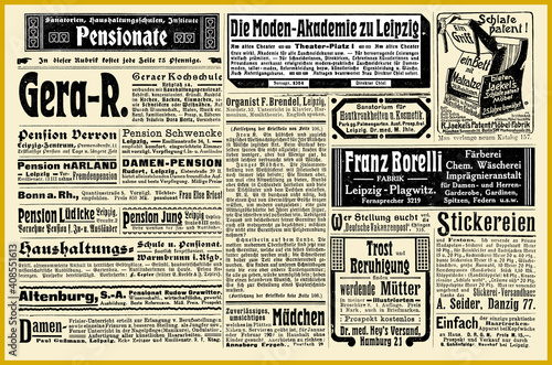 Commercial advertising page in German with many promotion banners and vignettes dated 1908 from Deutsche Moden Zeitung magazine