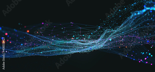 Big Data concept. Blockchain 3D illustration. Information Waves and the Global Database. Neural networks and artificial intelligence. Abstract technological background