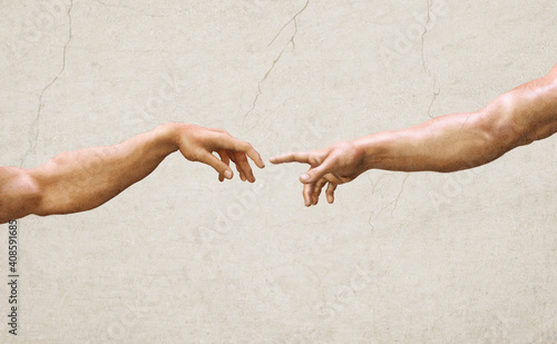 Hands reaching, Creation of Adam Michelangelo wall paintings. 3D textured illustration in the style of old renaissance oil and fresco Sistine Chapel artwork. Human relation, friendship, support symbol