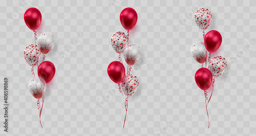 Set of Bouquet of realistic ballons red, transparent with confetti, paper circles and ribbons. Vector illustration.