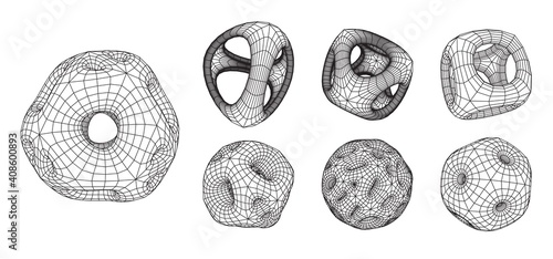 Set of abstract 3d wireframe shapes or elements with smooth corners and holes. Scientific and geometric abstraction with deformed plationic forms