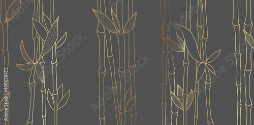 Bamboo luxury gold line design on dark background. Gold bamboo trees walpaper for wall arts, fabric, prints. Japanese pattern vector.