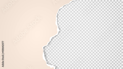 Piece of torn, ripped light pink paper with soft shadow is on white squared, transparent background for text. Vector illustration