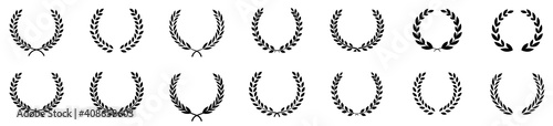 Set of black circular foliate laurels branches.Laurel wreath.Silhouette laurel wreath. Heraldic trophy crest, Greek and Roman olive branch award, winner round emblem. Vector black laurels set