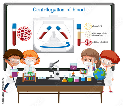 Young scientist explaining centrifugation of blood in front of a board with laboratory elements