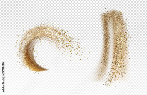 Explosion and pour of gold sand, falling dust with glitter particles isolated on transparent background. Vector realistic set of yellow sand powder splashes and clouds. Motion effect of shimmer flows