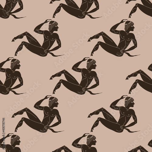 Seamless ethnic monochrome pattern with young ancient Greek satyrs. Vase painting style.