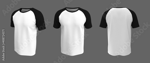 men's short-sleeve raglan t-shirt mockup in front, side and back views, design presentation for print, 3d illustration, 3d rendering