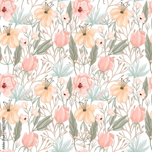 Pastel flowers and leaves seamless pattern. Hand drawn elegance boho style botanical background, soft colors, modern vector decor textile, wrapping paper, wallpaper. Floral texture print fabric