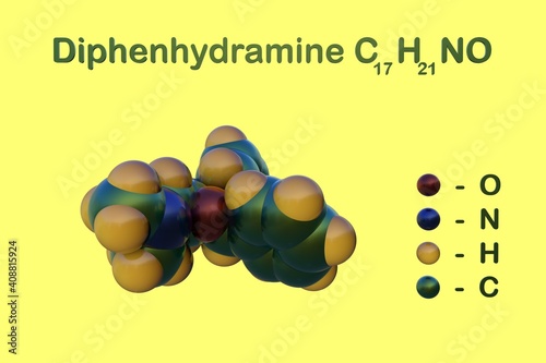 Structural chemical formula and molecular model of diphenhydramine, a first generation antihistamine and ethanolamine with sedative and anti-allergic properties. 3d illustration