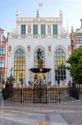 Neptune's Fountain sculpture in the center of Gdansk Poland