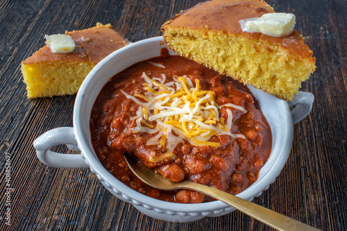 bowl of homemade chili with cornbread