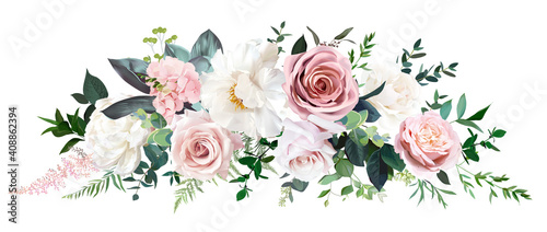 Dusty pink and cream rose, peony, hydrangea flower, tropical leaves vector garland