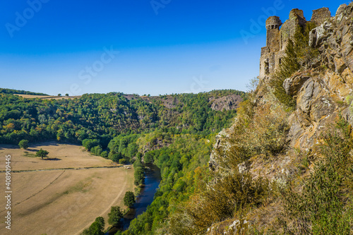 View on the ruins of Chateau Rocher, an 11th century castle that stands over the Sioule river gorge