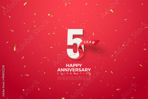 5th Anniversary with numbers and a curved red ribbon next to the numbers.