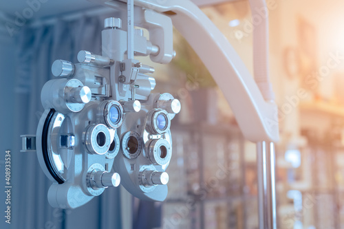 close up of phoropter eyesight measurement testing machine, Eye health check and ophthalmology concept.