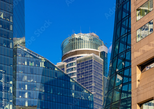 Srodmiescie downtown business district with Spektrum Tower at Twarda street in Warsaw, Poland