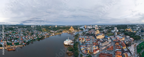 Panoramic landscape aerial view of iconic landmark of Kuching City, Sarawak, New Legislative Building and Darul Hana Bridge