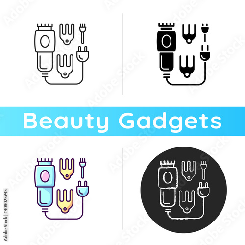 Electric hair clippers icon. Hair trimmer. Hairstyling appliance. Sharpened comb-like blades. Beauty and barber salon. Linear black and RGB color styles. Isolated vector illustrations