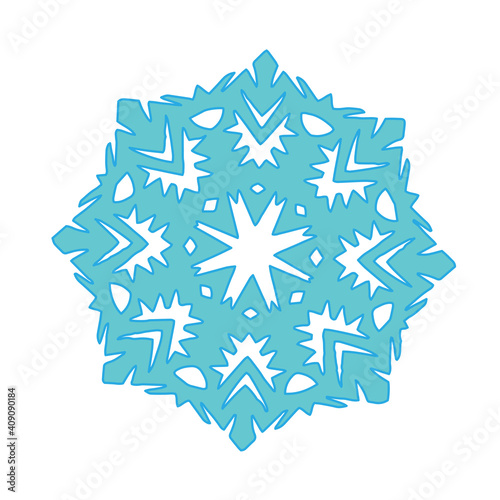 Blue paper snowflake lie on white. Cut out of paper