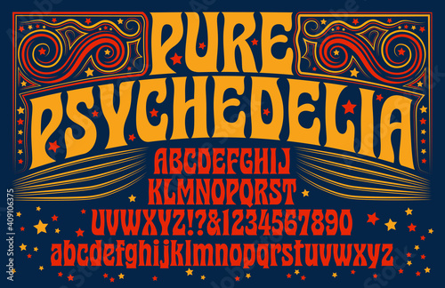 A 1960s style psychedelic alphabet with swirly line art designs