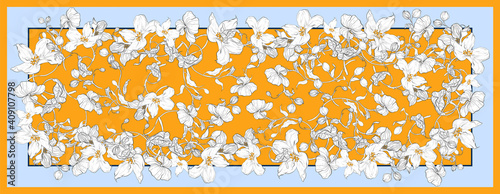 Silk scarf with apple blossom. Abstract seamless vector pattern with hand drawn floral elements. Trend colorful silk scarf with flowers. Size 180x70. Yellow, light blue and white