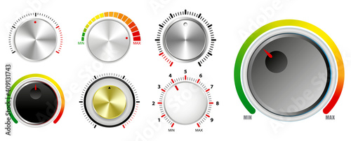 set of plastic volume knob or realistic metallic control knob or round dial regulator knob concept. eps 10 vector, easy to modify