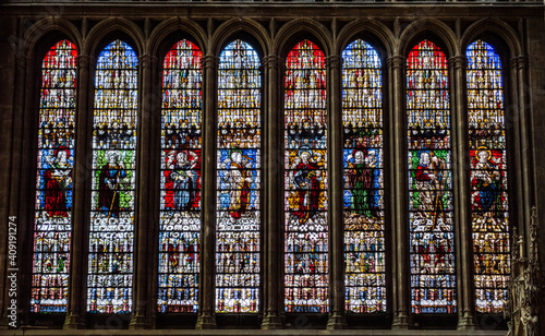 Metz, France - July 17, 2019: Stained glass windows of the Roman Catholic Cathedral of Saint Stephen in Metz, France