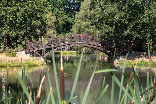 View of a wooden bridge in a park in Leipzig Germany