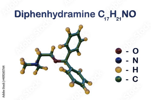 Structural chemical formula and molecular model of diphenhydramine, a first generation antihistamine and ethanolamine with sedative and anti-allergic properties. 3d illustration