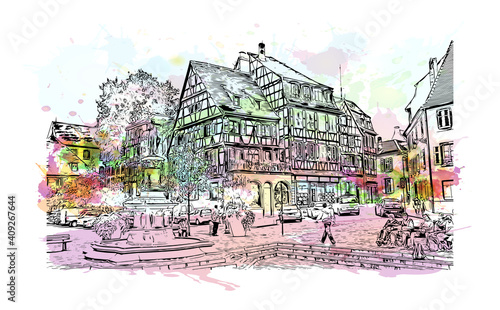Building view with landmark of Colmar is the city in France. Watercolor splash with hand drawn sketch illustration in vector.